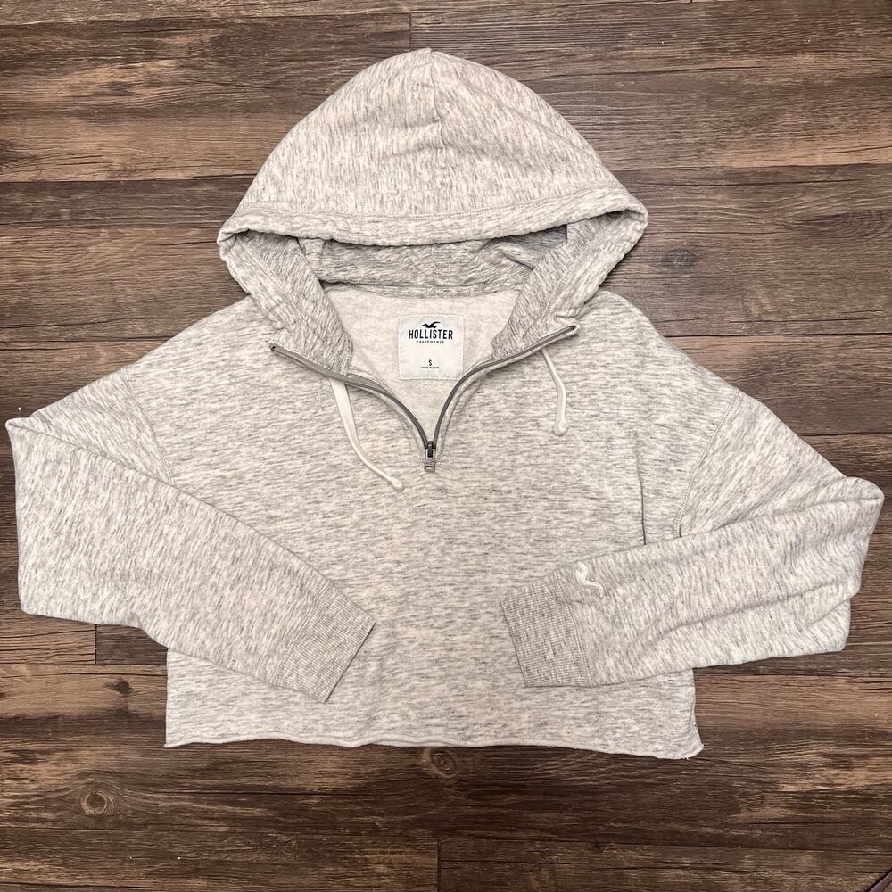 Hollister Cropped Half Zip Hoodie Gray Marled Fleece Womens Small Y2K Casual - Picture 2 of 8